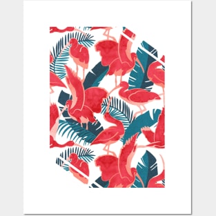 Luxurious Scarlet Ibis // white background teal vegetation metal rose and red guará large birds Posters and Art